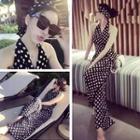 Polka Dot Halter V-neck Jumpsuit