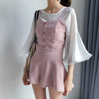 Set: Elbow-sleeve Chiffon Top + Spaghetti Strap Dress