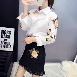 Set: Flower Sequined Shirt + Fringed A-line Denim Skirt