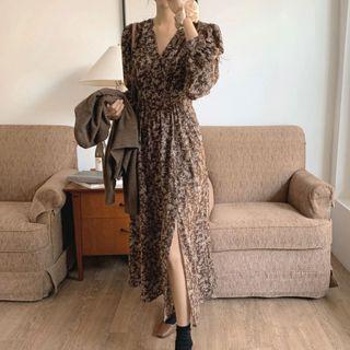 Long-sleeve Floral Print Slit Chiffon Midi A-line Dress