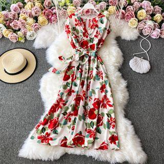 Flower Printed V-neck Tie-waist Dress