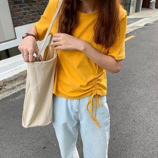 Short-sleeve Plain Drawstring Side T-shirt