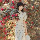Puff-sleeve Floral Print Midi Sheath Qipao Dress
