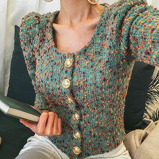 Puff-shoulder Metal-button Nubby Cardigan