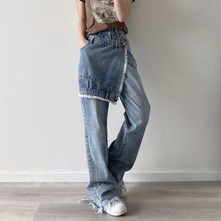 Asymmetrical Wrap Mid Waist Fringed Wide Leg Jeans