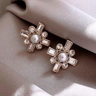 Faux Pearl Crisscross Stud Earring 1 Pair - As Shown In Figure - One Size