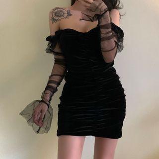 Mesh Panel Off-shoulder Bell-sleeve Mini Sheath Dress