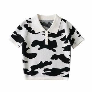 Short-sleeve Cow Print Polo Knit Top