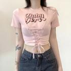 Short Sleeve Lettering Lace-up Crop Top