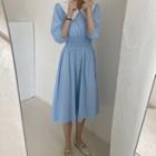 Elbow-sleeve Collared Midi A-line Dress Blue - One Size