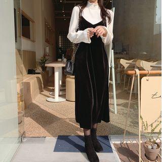 Long Sleeve Stand Collar Frill Trim Blouse / Spaghetti Strap Velvet Midi Dress