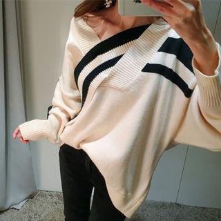Contrast-trim Off-shoulder Sweater