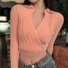 Lapel Long-sleeve Cropped Knit Top Pink - One Size