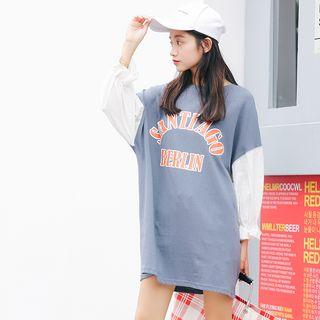 Color Block Lettering Long T-shirt