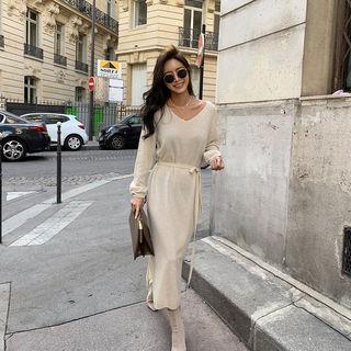 Cashmere Blend Knit Long Dress & Sash Ivory - One Size