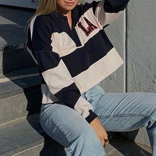 Open Collar Striped Letter Top