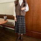 Long-sleeve Mock-neck Blouse / Cable Knit Vest / Plaid Midi A-line Skirt