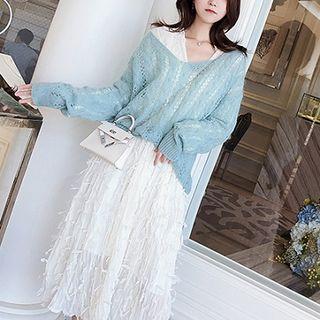 Long-sleeve Fringed Chiffon Midi Dress