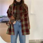 Long-sleeve Plaid Shirt Plaid - Wine Red & Green - One Size