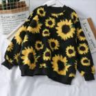 Sunflower-print Loose-fit Fleece Pullover Black - One Size