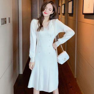 Long-sleeve V-neck Plain Double-breasted A-line Dress