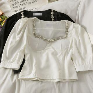 Rhinestone-neckline Slim-fit Crop Top