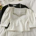 Rhinestone-neckline Slim-fit Crop Top