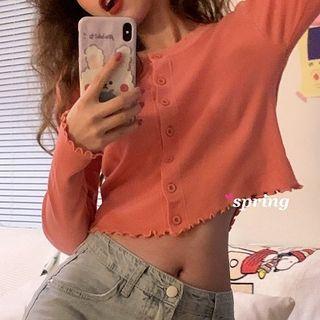 Long-sleeve Frill Trim Button Knit Top