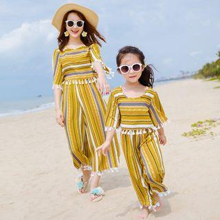 Family Matching Set: 3/4-sleeve Striped Top + Wide Leg Pants