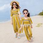 Family Matching Set: 3/4-sleeve Striped Top + Wide Leg Pants