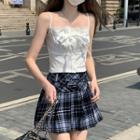 Ruffle Trim Camisole Top / Plaid A-line Skirt