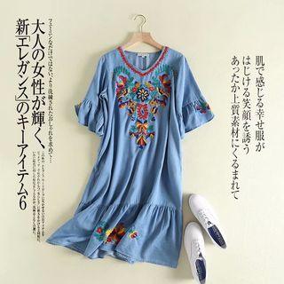 Elbow-sleeve Frill Trim Embroidered Flower Denim Midi Dress