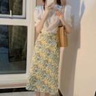 Set: Elbow-sleeve Blouse + Floral Skirt
