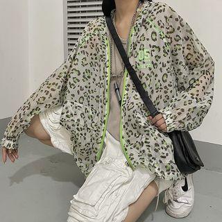 Leopard Print Hooded Jacket Gray & Green - One Size