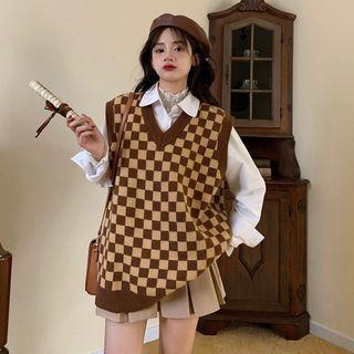 Plain Shirt / Checker Sweater Vest