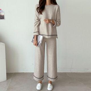 Set: Contrast-trim Knit Top + Band-waist Pants