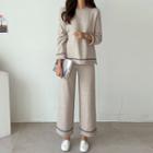 Set: Contrast-trim Knit Top + Band-waist Pants