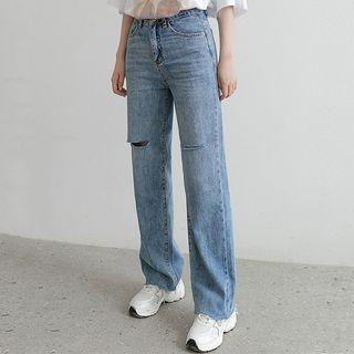 High-waist Distressed Washed Jeans