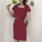 Set: Linen Buttoned Top + Plain High-waist Skirt