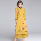 3/4-sleeve Embroidered Qipao Midi Dress