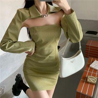Long-sleeve Shawl / Plain Slim-fit Tube Dress