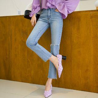Slit-knee Frayed Straight-cut Jeans