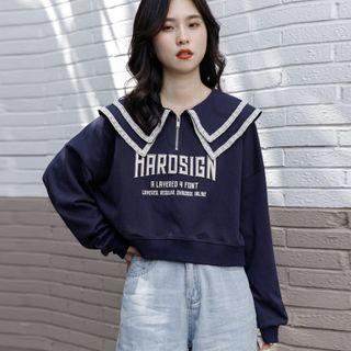 Lettering Print Sailor Collar Half-zip Sweatshirt Navy Blue - One Size