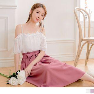 Crochet Flower Applique Cold-shoulder Chiffon Top