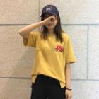 Loose-fit Round-neck Short-sleeve Rose Embroidered T-shirt