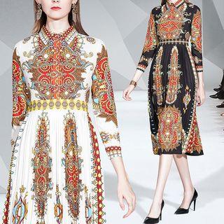 Long-sleeve Midi Printed Pleated Dress