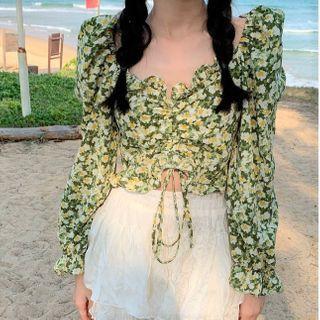 Cropped Floral Blouse Floral - Green - One Size