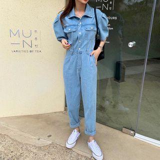 Short-sleeve Straight Leg Denim Jumpsuit