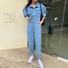 Short-sleeve Straight Leg Denim Jumpsuit
