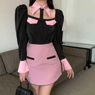 Two-tone Cold-shoulder Shirt / Mini Pencil Skirt